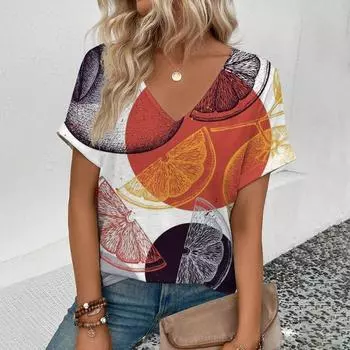 Элегантная женская футболка с v-образным вырезом, модная забавная футболка с принтом фруктов, популярная футболка с короткими рукавами, летняя футболка для отдыха S