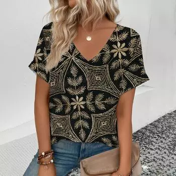 Элегантная женская футболка с V-образным вырезом, модный цветочный узор, популярная женская футболка с принтом, женская футболка с коротким рукавом в стиле ретро для отдыха S