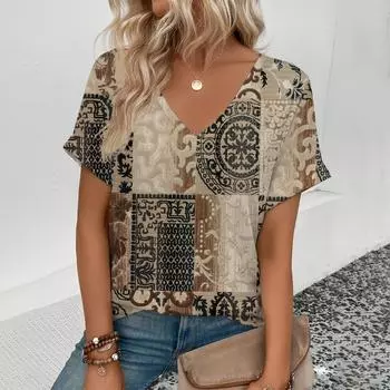 Элегантная женская футболка с V-образным вырезом, модный цветочный узор, популярная женская футболка с 3D-принтом, женская футболка с коротким рукавом в стиле ретро для отдыха S