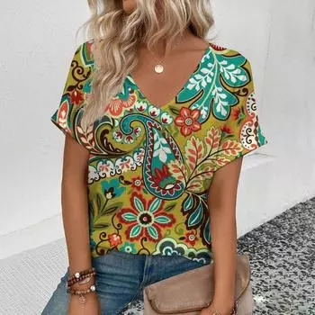 Элегантная женская футболка с V-образным вырезом, модный цветочный узор, популярная женская футболка с принтом, женская футболка с коротким рукавом в стиле ретро для отдыха S