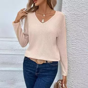 Элегантная женская футболка с V-образным вырезом в стиле пэчворк, модная, с завязанным сзади бантом и длинными рукавами S абрикосовый