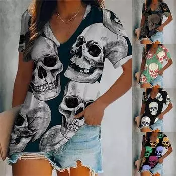 Элегантная женская футболка свободного покроя с коротким рукавом, летняя повседневная дышащая освежающая с V-образным вырезом и принтом в виде черепа, с коротким рукавом S