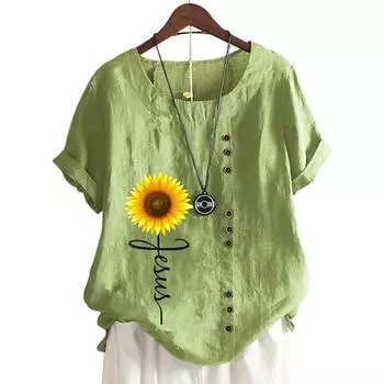Элегантная женская хлопковая футболка с цветочным принтом и декором пуговицами, 11 цветов S жёлтый
