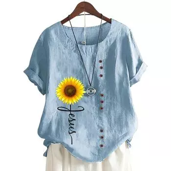 Элегантная женская хлопковая футболка с цветочным принтом и декором пуговицами, 11 цветов S жёлтый