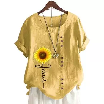 Элегантная женская хлопковая футболка с цветочным принтом и декором пуговицами, 11 цветов S жёлтый
