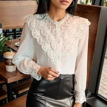 Элегантная женская кружевная блузка с длинным рукавом, весенне-осенняя свободная простая рубашка с кружевной строчкой, женские милые повседневные топы с цветочным принтом 29755 S абрикосовый