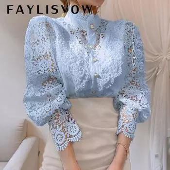 Элегантная женская кружевная блузка с рукавами-лепестками и вышивкой, цветочная кружевная лоскутная рубашка с воротником-стойкой, женская осенняя туника Blusas XXXL синий