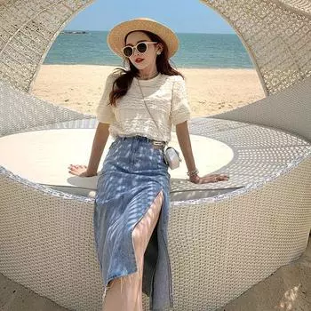 Элегантная женская летняя дизайнерская юбка-бюстье с высокой талией и разрезом А-силуэта, универсальная удобная модная джинсовая юбка-бюстье S светло-синий