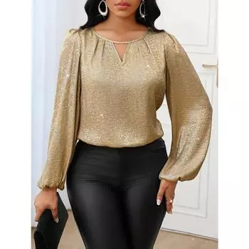 Элегантная женская металлическая золотистая блузка направленного дизайна - Топ с круглым вырезом и рукавами-фонариками, с длинным рукавом, для любого сезона, для гостьи на свадьбе и для работы S золотистый