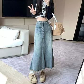 Элегантная женская необработанная кромка женская летняя тонкая юбка-бюстье с высокой талией А-силуэта средней длины с юбкой-лодочкой из денима S джинсовый