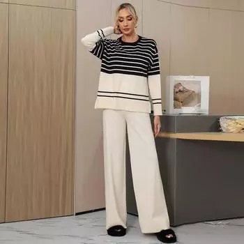 Элегантная женская одежда распродажа полосатый трикотажный джемпер с круглым вырезом свободный повседневный модный комплект из 2 предметов женский наряд One Size чёрный