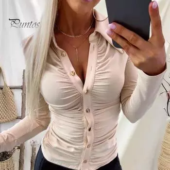 Элегантная женская однотонная рубашка с лацканами и длинными рукавами, офисные топы, плиссированная однобортная блузка, рабочая одежда M чёрный