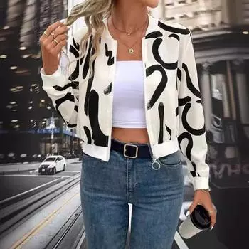Элегантная женская осенне-зимняя бейсбольная куртка на молнии с графическим принтом, повседневная верхняя одежда S белый