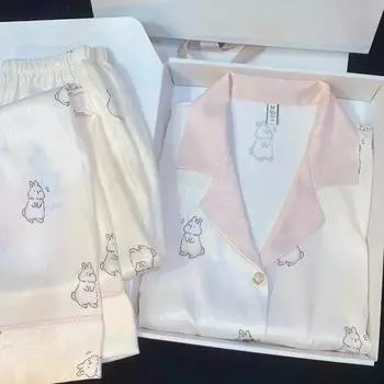 Элегантная женская пижама с рисунком кролика из мультфильма, модная одежда для сна, новый осенний комплект для дома с длинными рукавами M