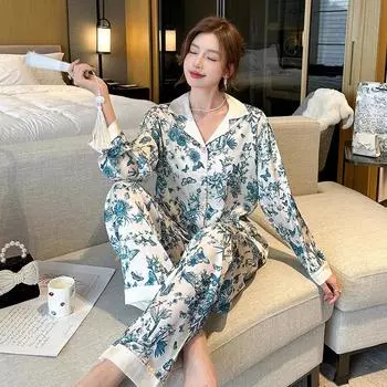 Элегантная женская пижама в китайском стиле с благородным синим цветком, эстетика искусства, классический принт, ночная рубашка, новая осенняя ночная рубашка M бежевый