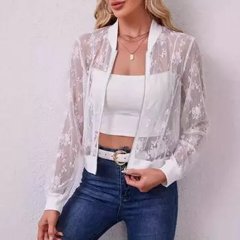 Элегантная женская повседневная куртка с кружевом и молнией спереди, осень/зима S белый