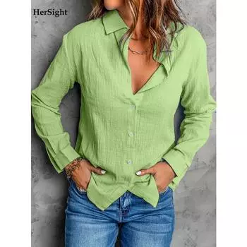 Элегантная женская рубашка свободного покроя с длинным рукавом с лацканами, однотонная повседневная хлопковая льняная блузка больших размеров M чёрный