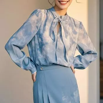 Элегантная женская рубашка в стиле тай-дай, весна-осень 2025, новая свободная блузка с длинным рукавом и воротником-галстуком, для офиса, повседневная женская простая одежда, топы 2858 S