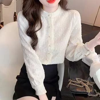 Элегантная женская рубашка, весна-осень, новинка, ретро-стойка, кружево с жемчугом, на пуговицах, женская блузка, свободные модные милые топы больших размеров для женской одежды 24454 S абрикосовый