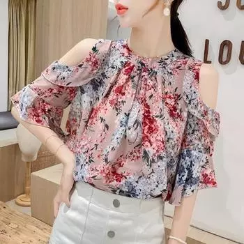 Элегантная женская шифоновая рубашка с открытыми плечами и цветочным принтом, женская летняя корейская блузка с короткими рукавами и свободным топом Blusas XL розовый