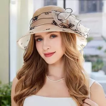 Элегантная женская шляпа дерби в винтажном стиле с крупными цветами ручной работы и ветрозащитной сеткой - не растягивается, защищает от солнца, связана вручную