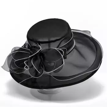 Элегантная женская шляпа из органзы, летняя винтажная шляпа от солнца с большими цветочными вышивками и широкими полями, дышащий цилиндр со стильным дизайном из прозрачной сетки M56-58cm чёрный