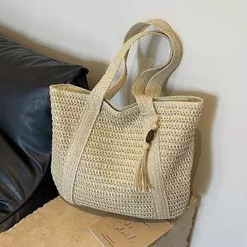 Элегантная женская соломенная сумка, женская праздничная пляжная сумка для путешествий, повседневная сумка-тоут с ручками сверху, модные сумки на плечо в стиле ретро 36x2x40cm бежевый