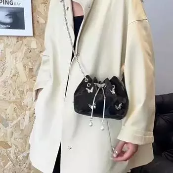 Элегантная женская сумка-ведро с завязками на цепочке и бабочками, модная однотонная сумка через плечо из искусственной кожи с верхней ручкой 16x10x15cm белый