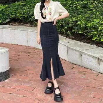 Элегантная женская юбка-бюстье из эластичного хлопкового трикотажа средней длины с высокой талией, универсальная, удобная, модная, джинсовая юбка-бюстье S синий