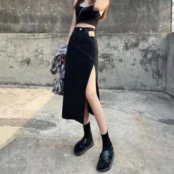 Элегантная женская юбка-бюстье с высокой талией и боковыми разрезами, летняя, тонкая, с принтом A Word, средней длины, универсальная, удобная, модная, джинсовая юбка S светло-синий