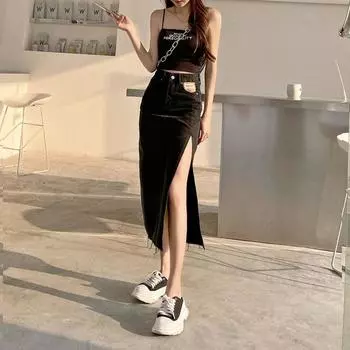 Элегантная женская юбка-бюстье с высокой талией, открытая сбоку, женская летняя тонкая юбка средней длины с завышенной талией, универсальная, удобная, модная, джинсовая юбка-бюстье S светло-синий