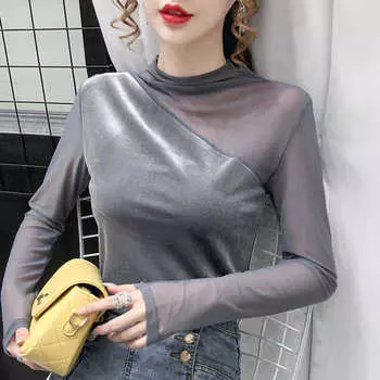 Элегантная золотая бархатная сетчатая рубашка с низом, женская новая осенне-зимняя футболка с длинными рукавами S чёрный