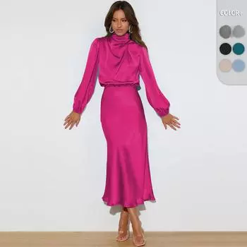 Элегантное атласное платье с халтер-воротником - французский дизайн, летнее вечернее платье и наряд подружки невесты Large