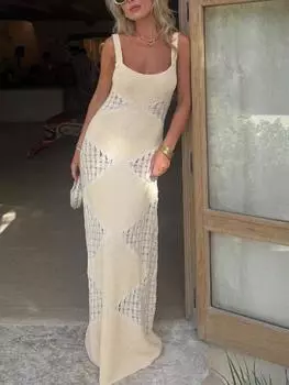 Элегантное ажурное вязаное лоскутное платье на бретелях, женское шикарное облегающее платье без рукавов с открытой спиной, модный тонкий эластичный сарафан для отпуска L абрикосовый