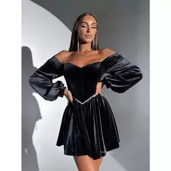 Элегантное бархатное платье для женщин с открытыми плечами, сексуальное, с длинными рукавами, бандажное мини-платье для женщин 2024 года, модное однотонное бандажное вечернее платье S