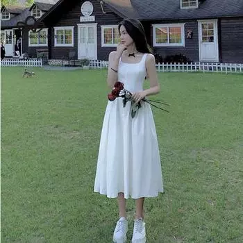 Элегантное белое платье на бретелях, женское повседневное вечернее платье миди в корейском стиле, женские летние сарафаны из французского шифона с пышными рукавами 2021 S белый