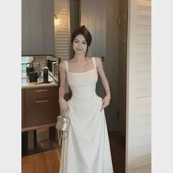 Элегантное белое платье на подтяжках во французском стиле для женщин - длинная юбка весна/лето M белый