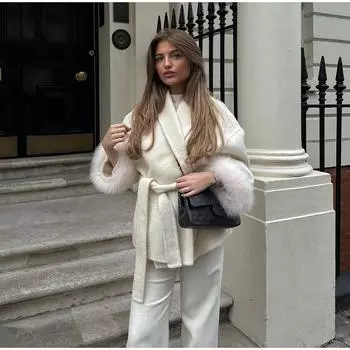 Элегантное белое шерстяное пальто с манжетами из искусственного меха в стиле пэчворк с поясом, женская куртка с длинными рукавами и лацканами, весна-осень 2025, новая уличная верхняя одежда S белый