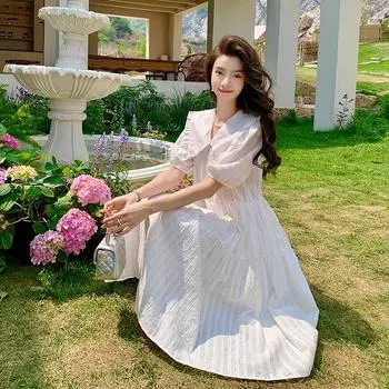 Элегантное белое свободное платье во французском стиле с кукольным воротником для женщин с пышными рукавами S белый