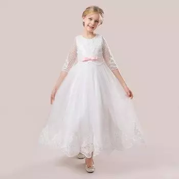 Элегантное белое тюлевое платье для девочек, торжественное платье принцессы для первого причастия, детское праздничное платье для девочек, свадебный вечерний костюм подружки невесты с бантом 120CM белый