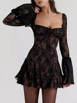 Элегантное цельное платье с открытой спиной, женское сексуальное вечернее мини-платье с длинным рукавом, женское корейское модное клубное платье трапециевидной формы с квадратным воротником 2024 S красный