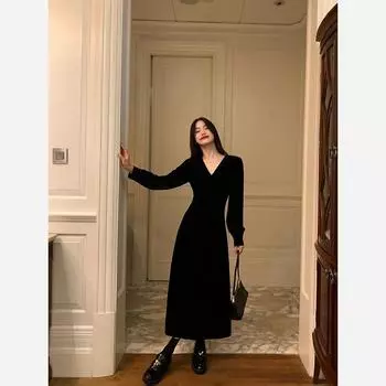 Элегантное черное бархатное платье для женщин. Зимние платья А-силуэта. L чёрный