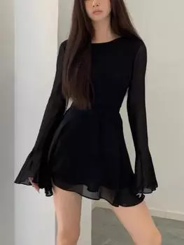 Элегантное черное цельное платье с открытой спиной, женское сетчатое лоскутное сексуальное тонкое платье, женское мини-платье на шнуровке с оборками, вечерние S чёрный