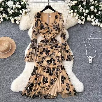 Элегантное черное платье-русалка с вышивкой, вечернее платье для женщин, с длинными расклешенными рукавами, чашечками, подбитыми V-образным вырезом, цельное сетчатое платье со складками, выпускной халат S чёрный