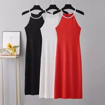 Элегантное черное сексуальное платье без рукавов с бисером для женщин, Клубные вечерние платья-майки с разрезом, платья-миди выше колена One Size белый