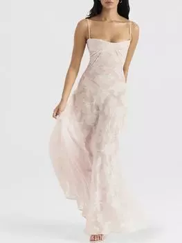 Элегантное длинное цельное платье на бретельках для женщин, кружевное платье с цветочным принтом и рукавами на бретельках, платье на шнуровке с открытой спиной, летний винтажный пляжный праздничный сарафан, повседневный S розовый