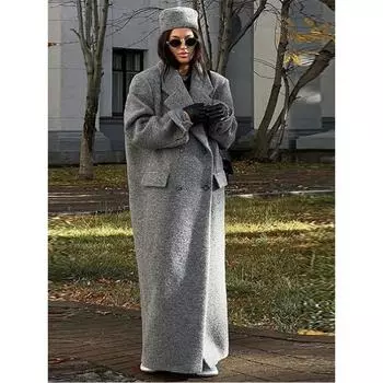 Элегантное длинное пальто из искусственного меха для женщин с длинным рукавом и лацканами, свободная шерстяная женская макси-верхняя одежда 2024 года, осень-зима, роскошные женские куртки Gary Lady S светло-серый