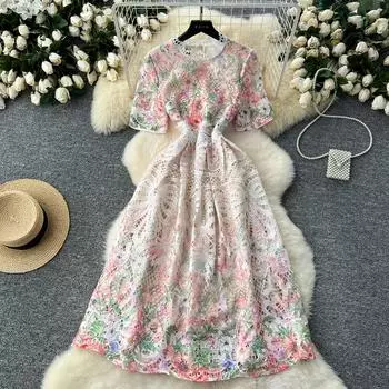 Элегантное длинное платье French Chic для женщин, вязаное крючком, ажурное кружевное, цветочное, женское платье с круглым вырезом, с коротким рукавом, Vestidos, дропшиппинг S розовый