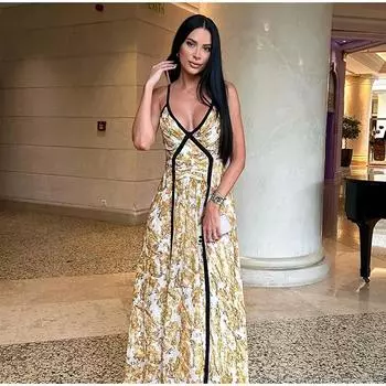 Элегантное длинное платье-комбинация с принтом, пэчворк, глубокий V-образный вырез, плиссированное, облегающее, без рукавов, вечернее платье макси, халат для леди в отпуске S жёлтый