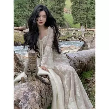 Элегантное длинное платье русалки на весну и лето, модное тонкое платье с расклешенными рукавами, свадебное подиумное вечерние кружевное платье, женская винтажная одежда S бежевый